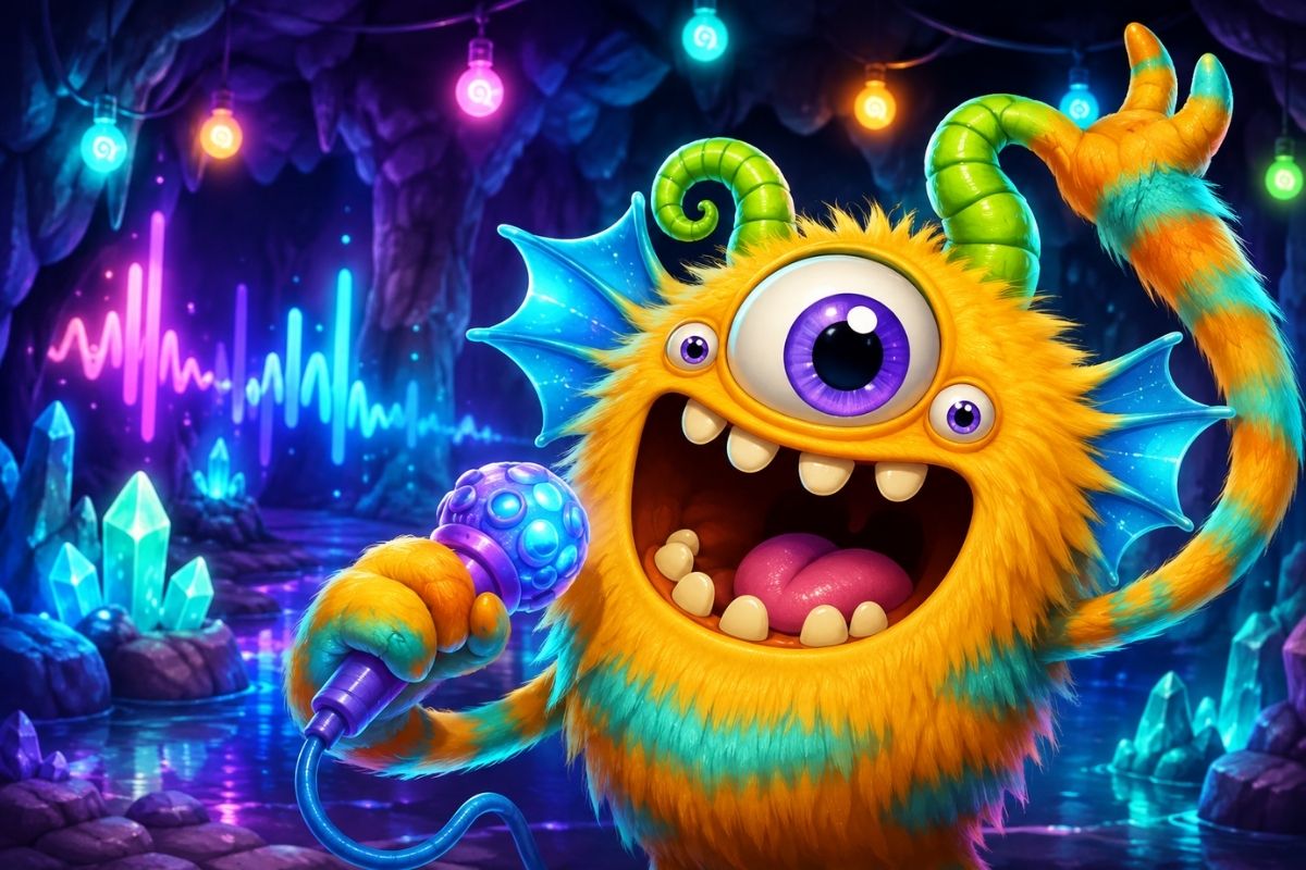 one original tall tripod moss creature with three flexible reed legs, a round amber chest resonator, tiny leaf fins and one wide friendly eye, producing soft bass pulses in a misty