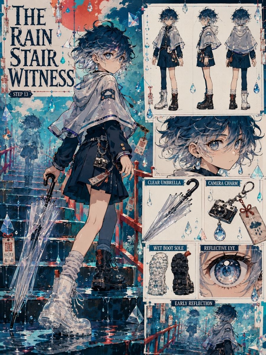 One original dark-skinned adult school maintenance worker age 45 with shaved head, cobalt raincoat over beige work clothes, standing on an impossible indoor staircase where rain fa