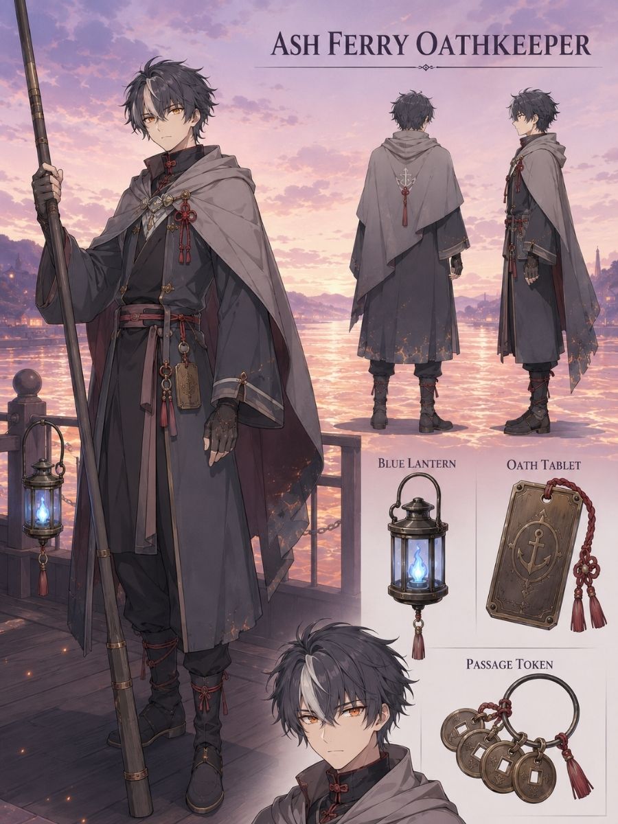 One original pale-skinned male ash-ferry oathkeeper, age 56, bald with gray beard, sea-green hooded mantle over burgundy river clothes, steering an empty blackwood ferry across a m