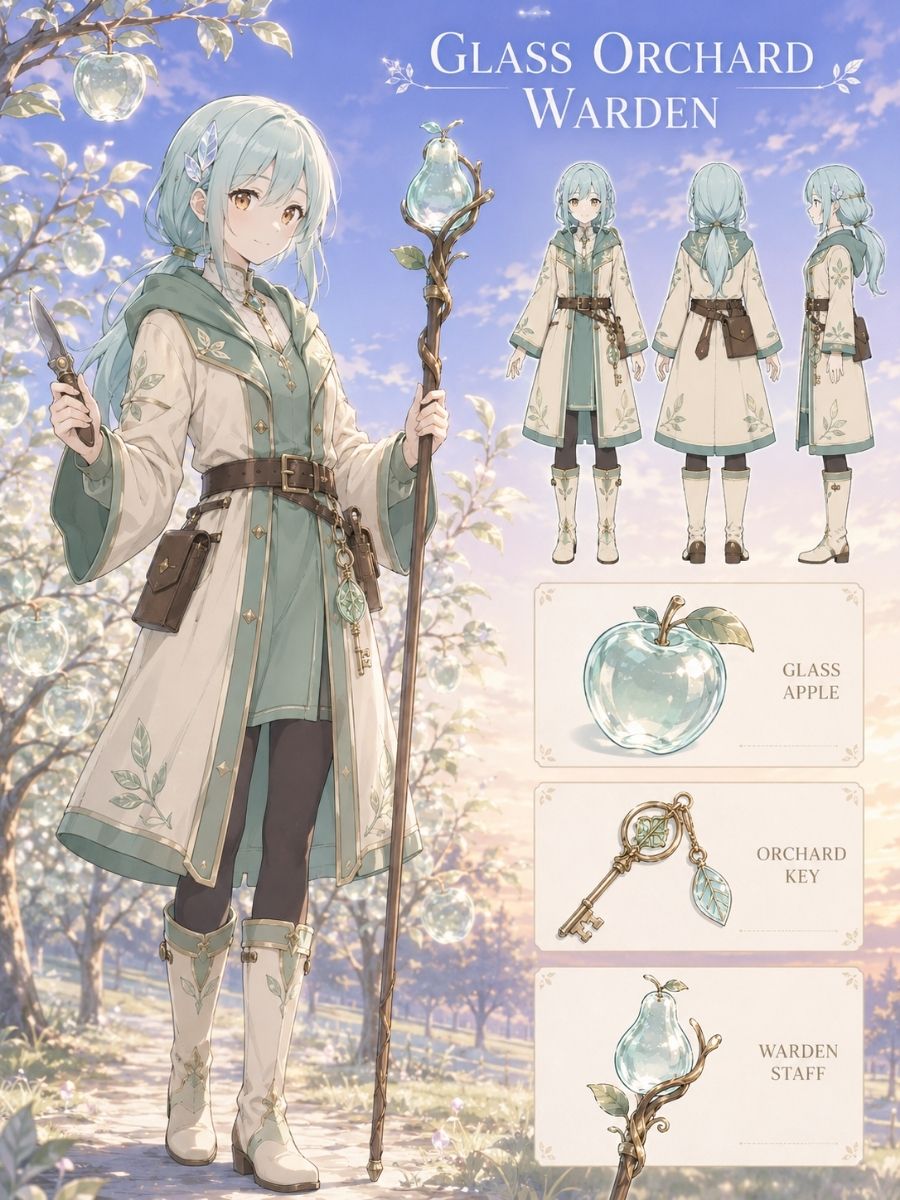 One original Black female glass-orchard warden, age 39, braided crown, cream work shirt under a cobalt apron coat, carrying pruning tongs as translucent fruit glows in a moonlit gr
