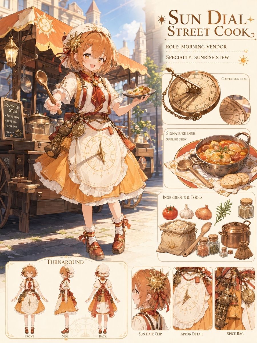 One original Southeast Asian young adult sun-dial street cook, short copper hair, mustard tunic and charcoal wide trousers, turning a brass solar pan in a lively stone market after