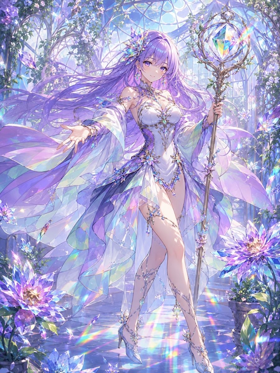 One original Black magical heroine age 35 with a braided crown, white work coat over emerald culottes, faceted glass flower clasp and a broad translucent prism shield, protecting a