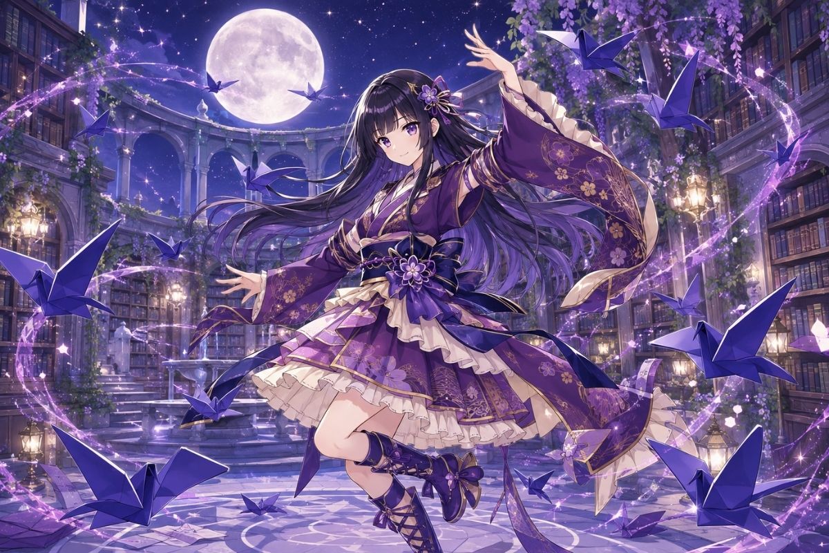 One original East Asian magical heroine age 31 with a silver-streaked bob, rust-red cropped jacket over a midnight blue split skirt, geometric brass moth pin and translucent wind f