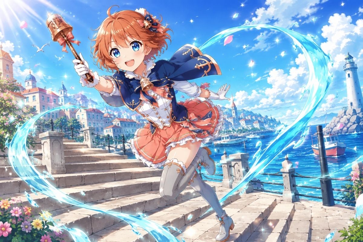 One original Latina magical heroine age 25 with long braided auburn hair, ivory utility dress under a cobalt shoulder mantle, copper seed lantern and luminous vines growing from cr