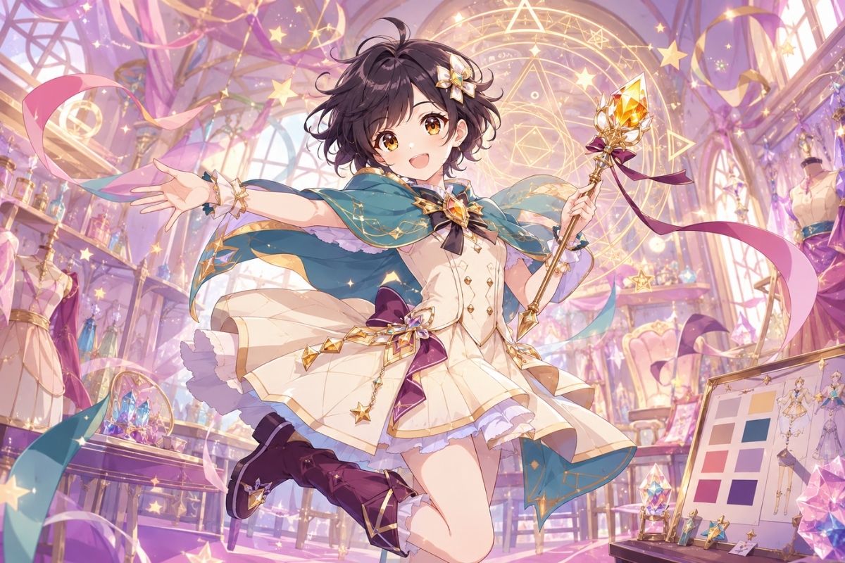 one original dark-skinned magical heroine age 22 with short coiled hair, a crescent-free amber glass brooch, asymmetrical teal capelet, cream pleated tunic, plum boots and a glowin