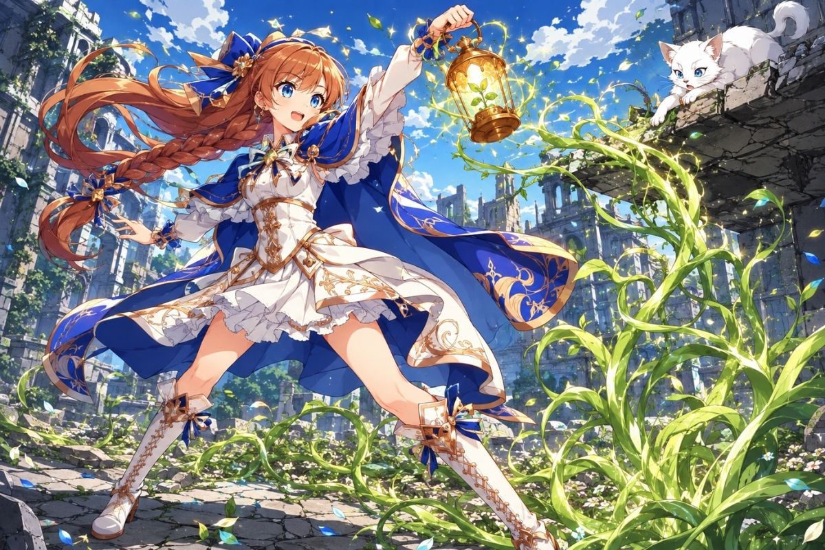 One original dark-skinned magical heroine age 22 with short coiled hair, a crescent-free amber glass brooch, asymmetrical teal capelet, cream pleated tunic, plum boots and a glowin