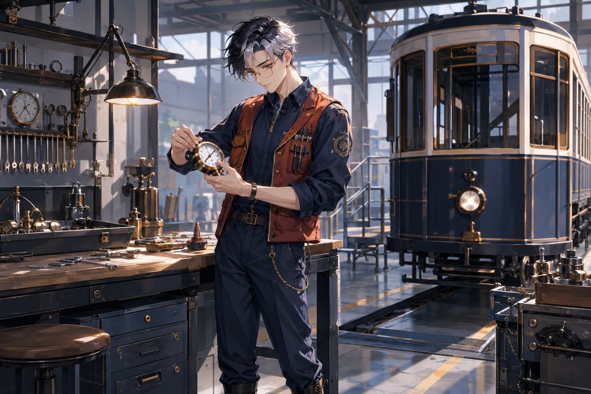 one original Black anime-style young adult man age 23 with short twists, rectangular face, moss bomber jacket over a cream knit shirt, charcoal cargo trousers and a brass folding f