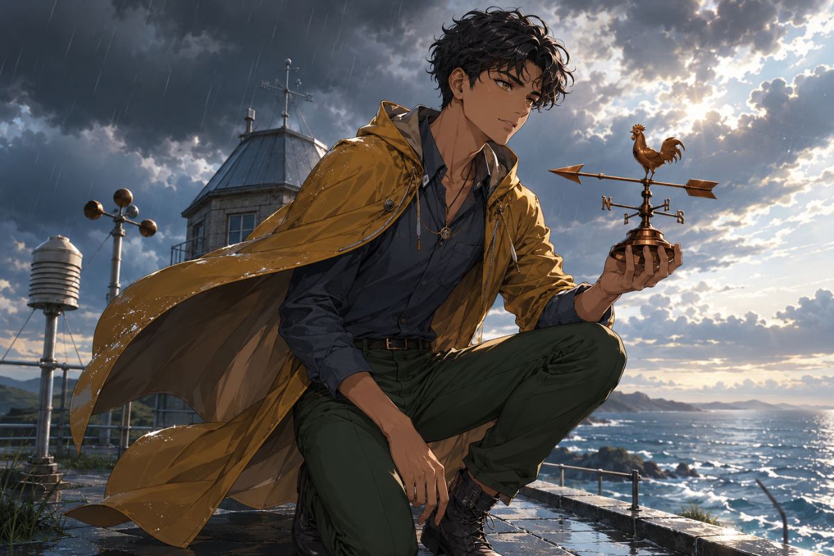One original Black anime-style young adult man age 23 with short twists, rectangular face, moss bomber jacket over a cream knit shirt, charcoal cargo trousers and a brass folding f