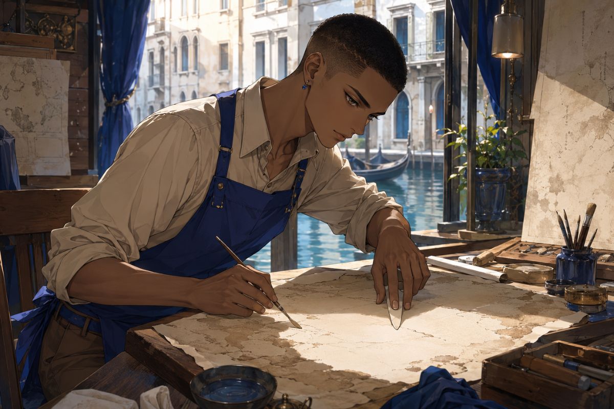 One original East Asian anime-style man age 29 with a long oval face, undercut silver-black hair, round amber glasses, rust mechanic vest over navy coveralls and a compact ceramic