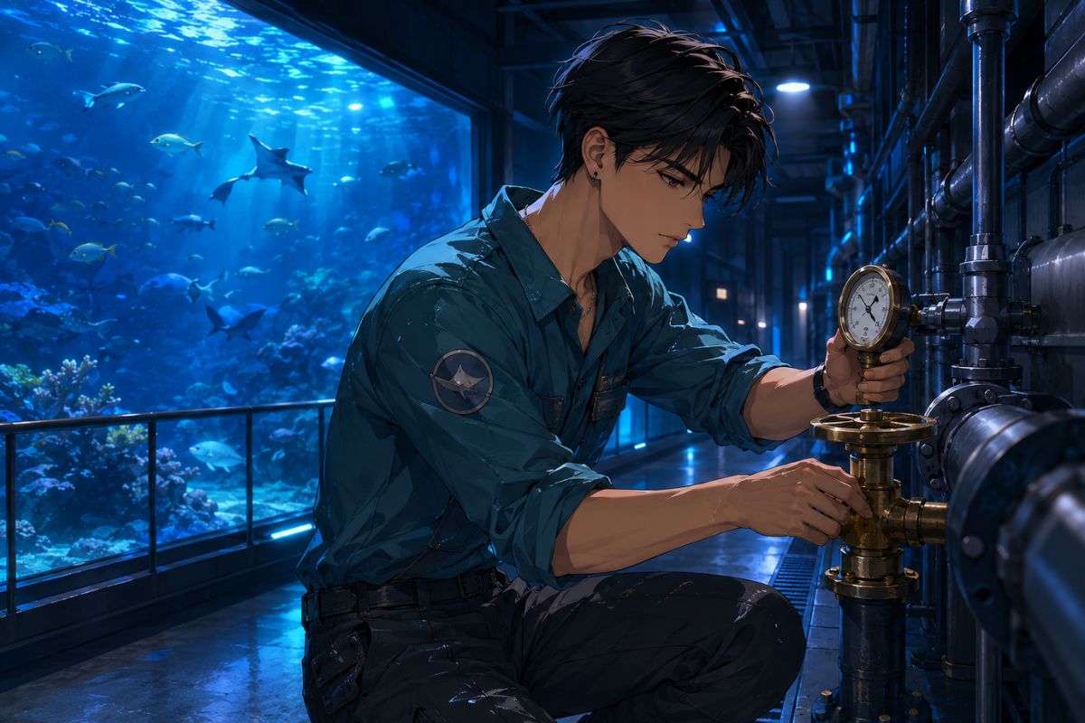 One original South Asian anime-style man age 21 with wavy shoulder-length hair, maroon sleeveless long coat over a pale blue shirt, tan wrap trousers and a glass seed case, catalog