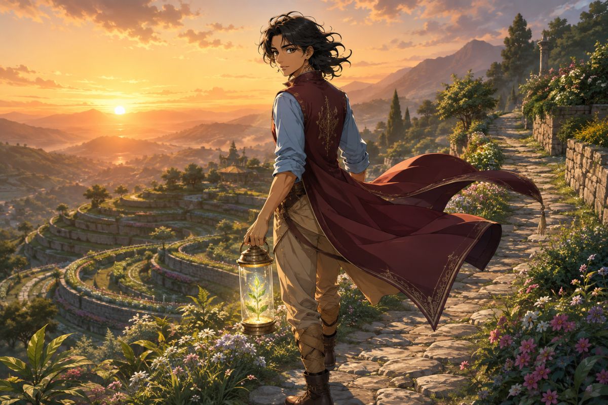 One original dark-skinned anime-style man age 37 with shaved head and short beard, cobalt apron over a sand-colored shirt and brown trousers, repairing a blank water-damaged map on
