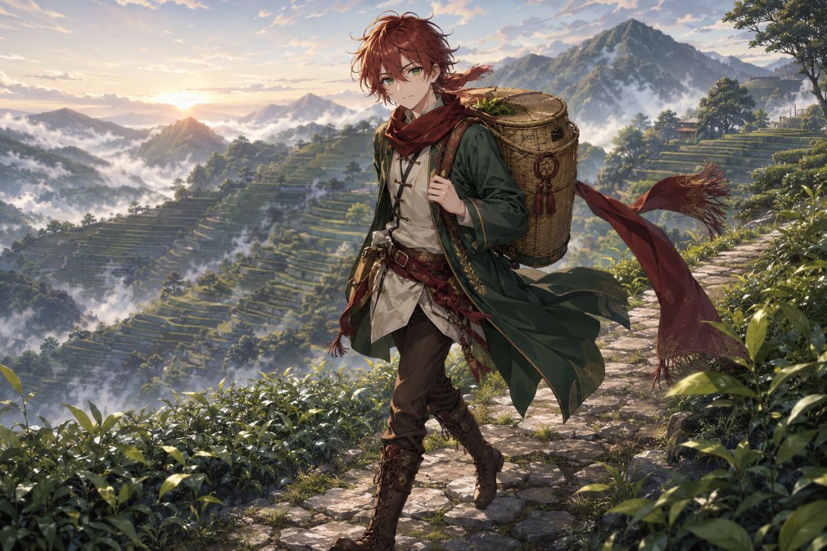 One original Southeast Asian anime-style man age 46 with salt-and-pepper side-parted hair, teal utility shirt and charcoal waterproof trousers, adjusting a brass valve beside a glo