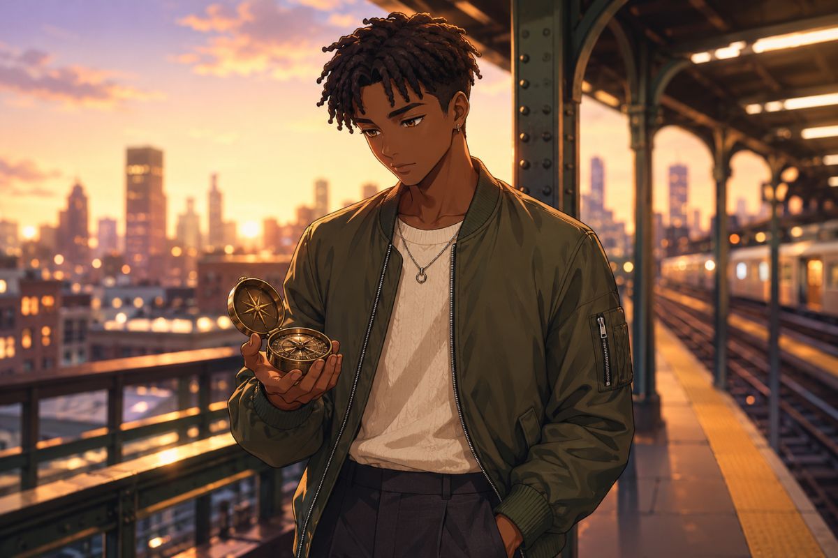 One original pale-skinned anime-style young adult man age 20 with fluffy auburn hair, forest-green hoodless coat over a cream tunic and burgundy scarf, carrying a sealed woven tea