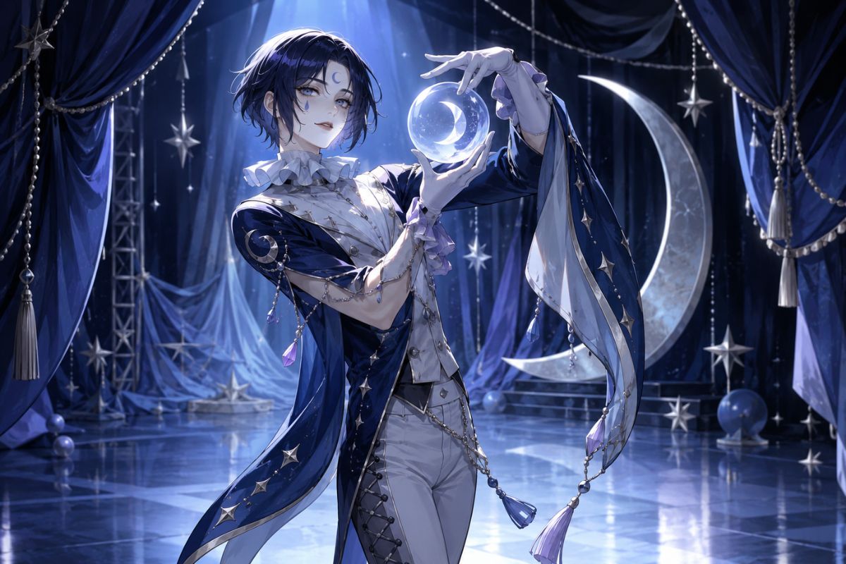 Original moonlight mime clown OC in blue and silver with delicate face paint