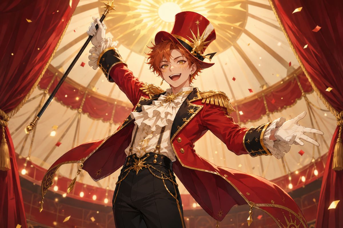 Original cheerful ringmaster clown OC in a sunburst red and gold costume