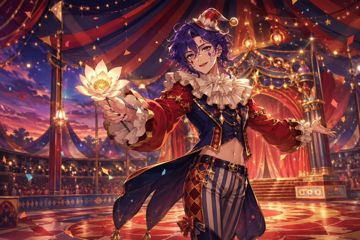 Original colorful clown OC in polished anime fantasy character art
