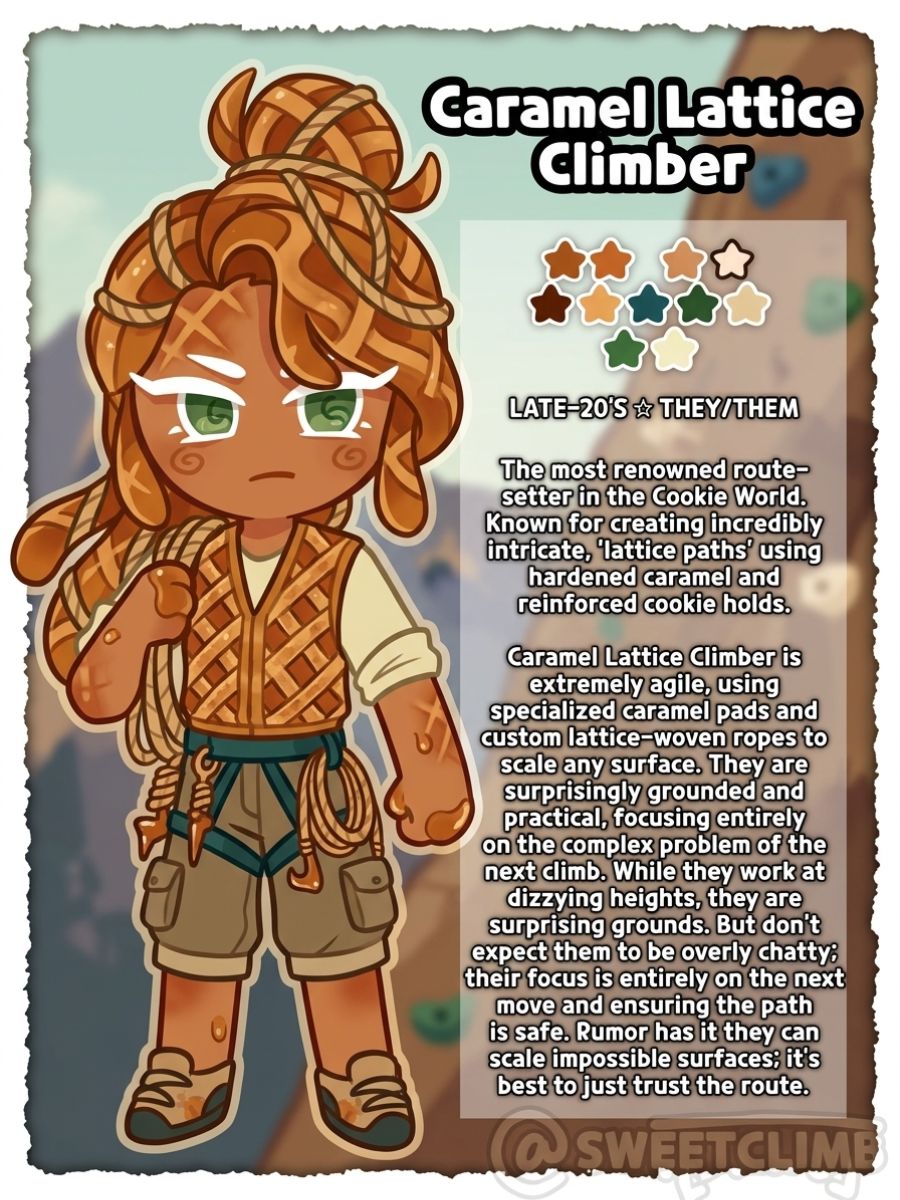 One original caramel-lattice runner shaped like a tall open hexagonal frame with four hooked limbs and amber glass joints, climbing a vertical fruit-tart wall at sunset, crunchy de