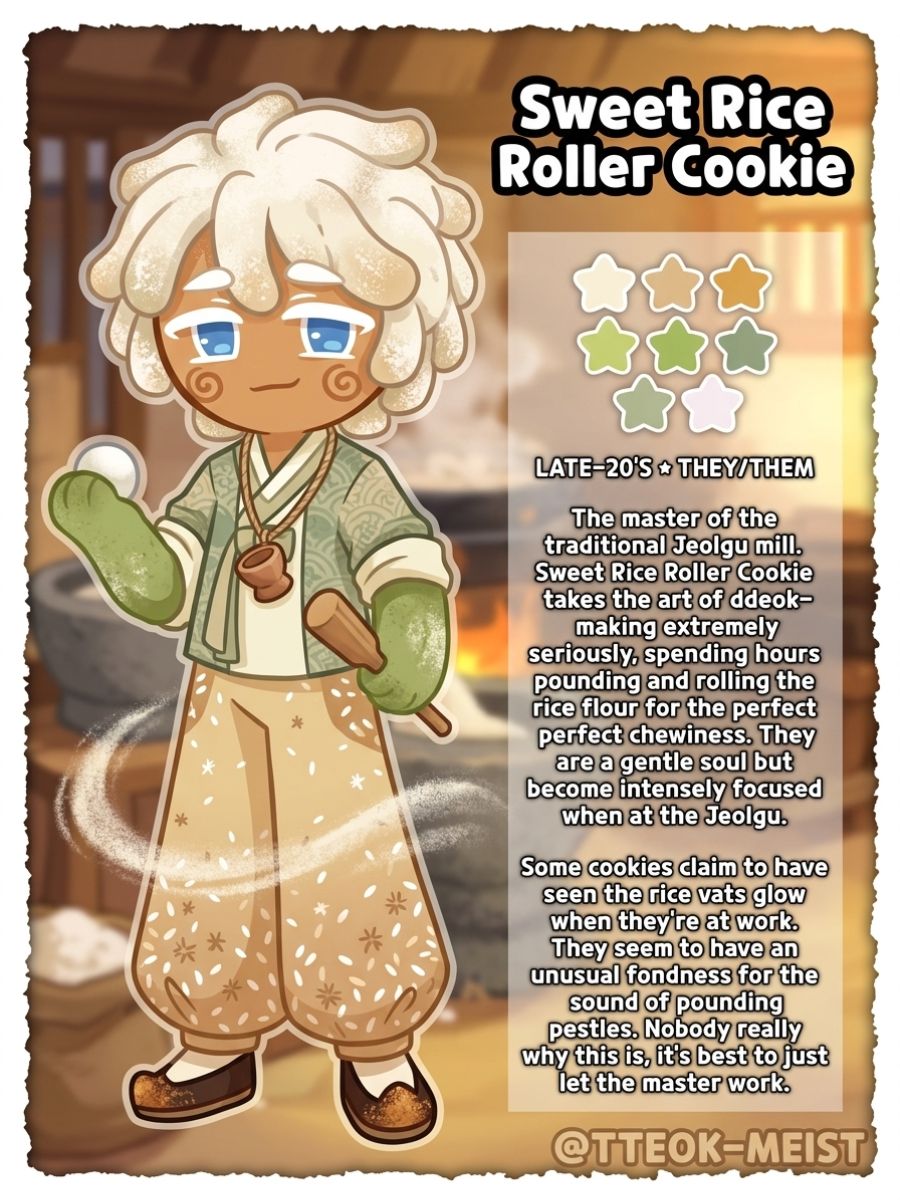 One original faceless rice-cake runner built as three linked white cylinders with six cobalt paddle legs and black sesame speckles, rolling through a bamboo steamer tunnel with a s