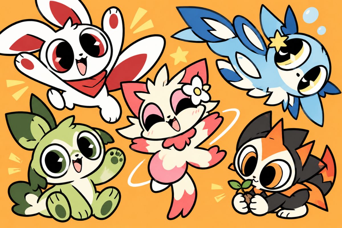 Colorful Chikn Nuggit OC character collage on an orange background