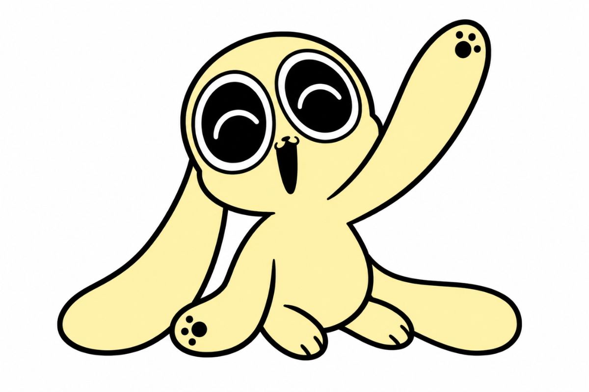 Yellow Chikn Nuggit OC character with long ears posing on a white background