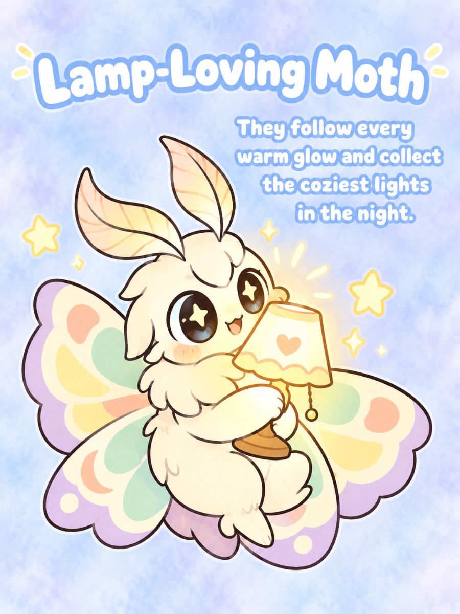 Lamp-loving Moth Chikn Nuggit OC character holding a glowing lamp