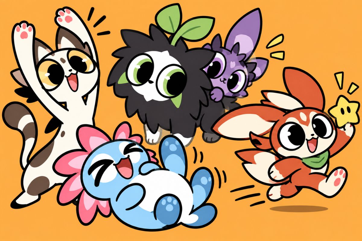Colorful Chikn Nuggit OC character collage on an orange background