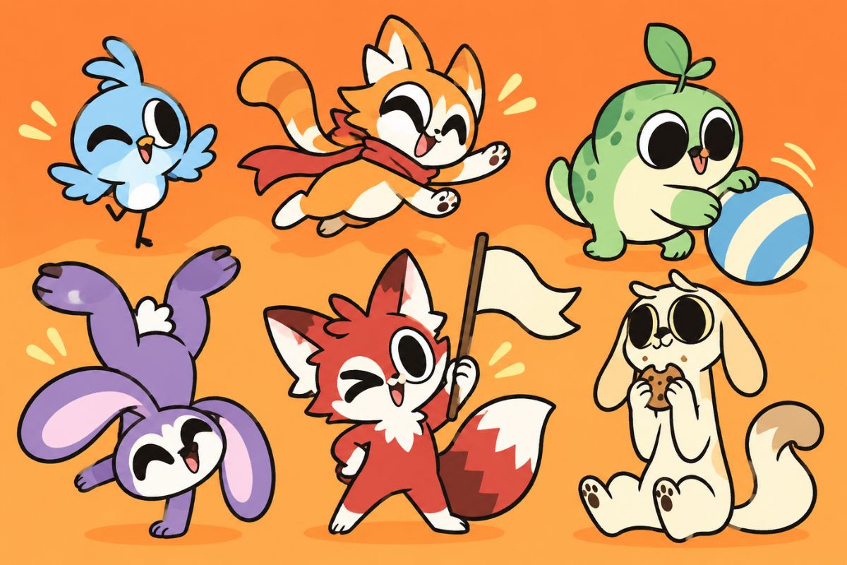 Orange Chikn Nuggit OC character collage with cute animal characters