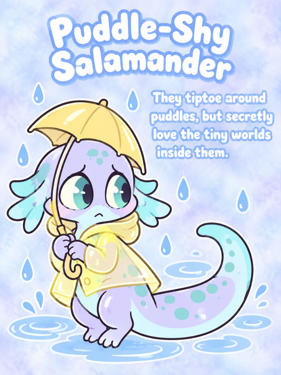 Puddle-shy Salamander Chikn Nuggit OC character holding a yellow umbrella