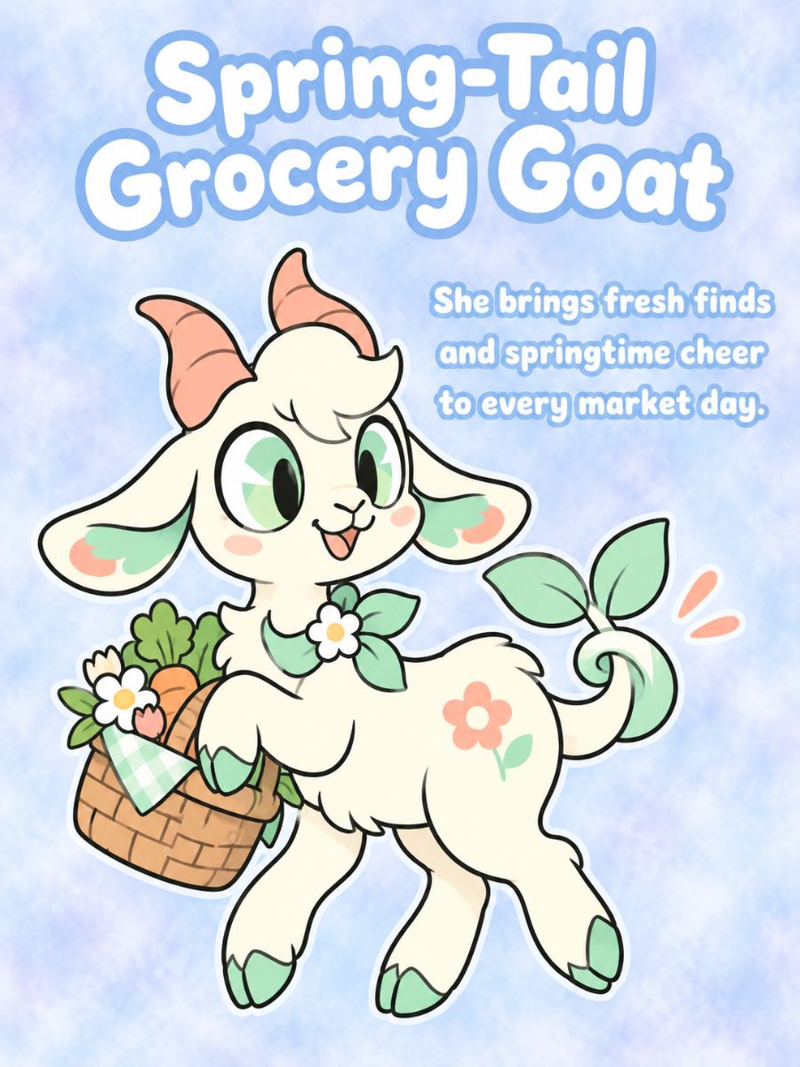 Spring-tail Grocery Goat Chikn Nuggit OC character with a basket of vegetables