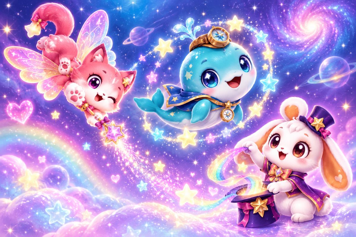Cosmic magical Catch! Teenieping OC character trio with rainbow and star effects