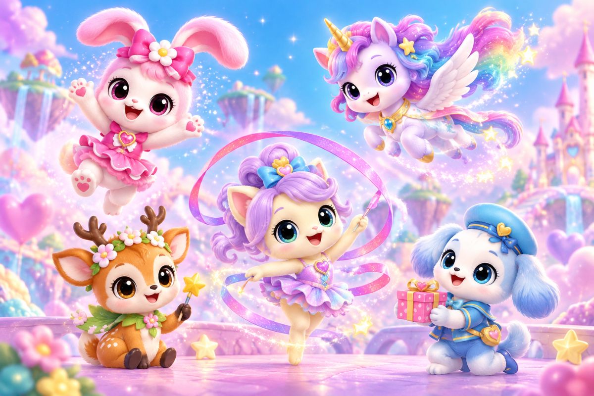 Pastel fantasy Catch! Teenieping OC character group in a magical kingdom