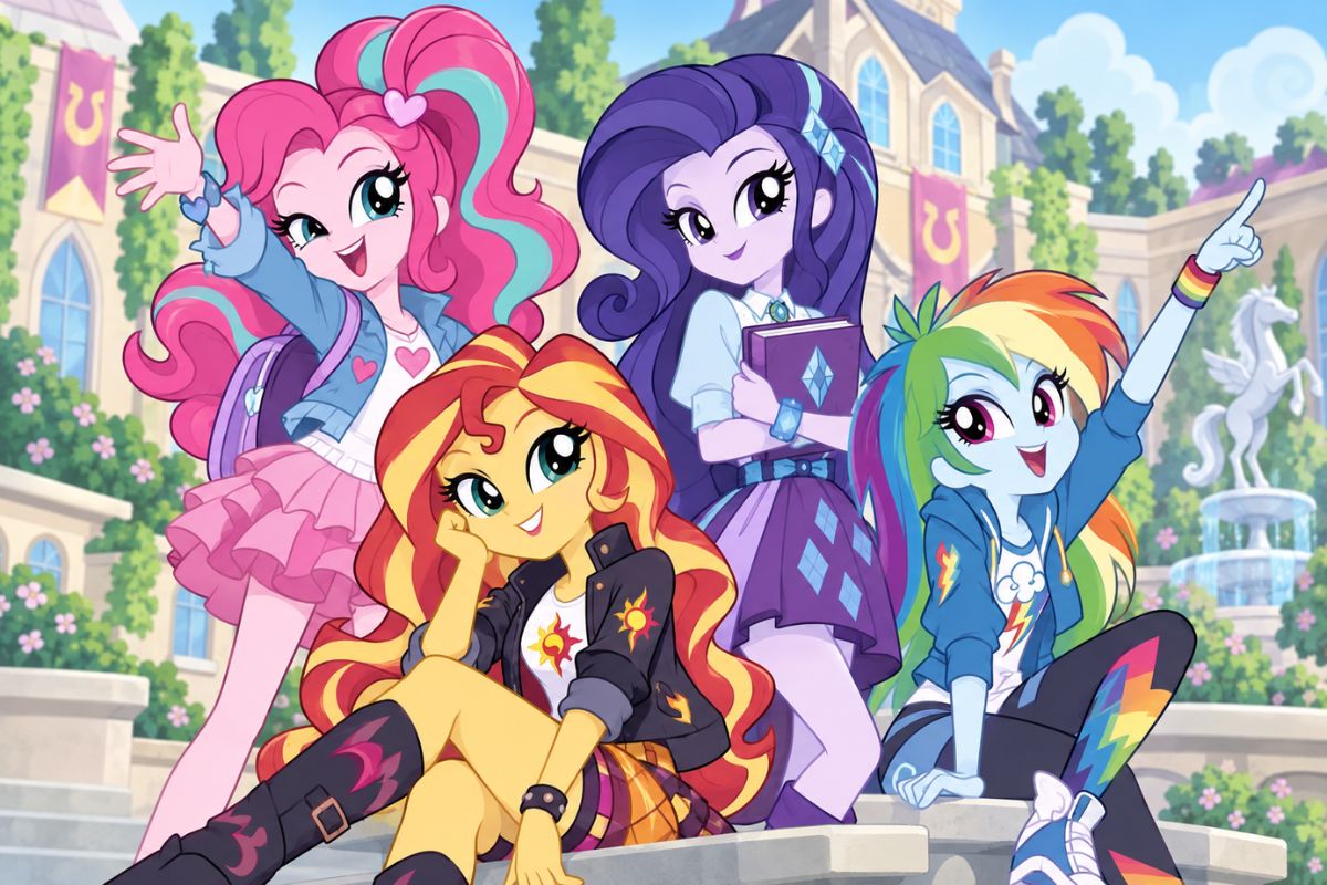 Equestria Girls OC maker character group in a school courtyard