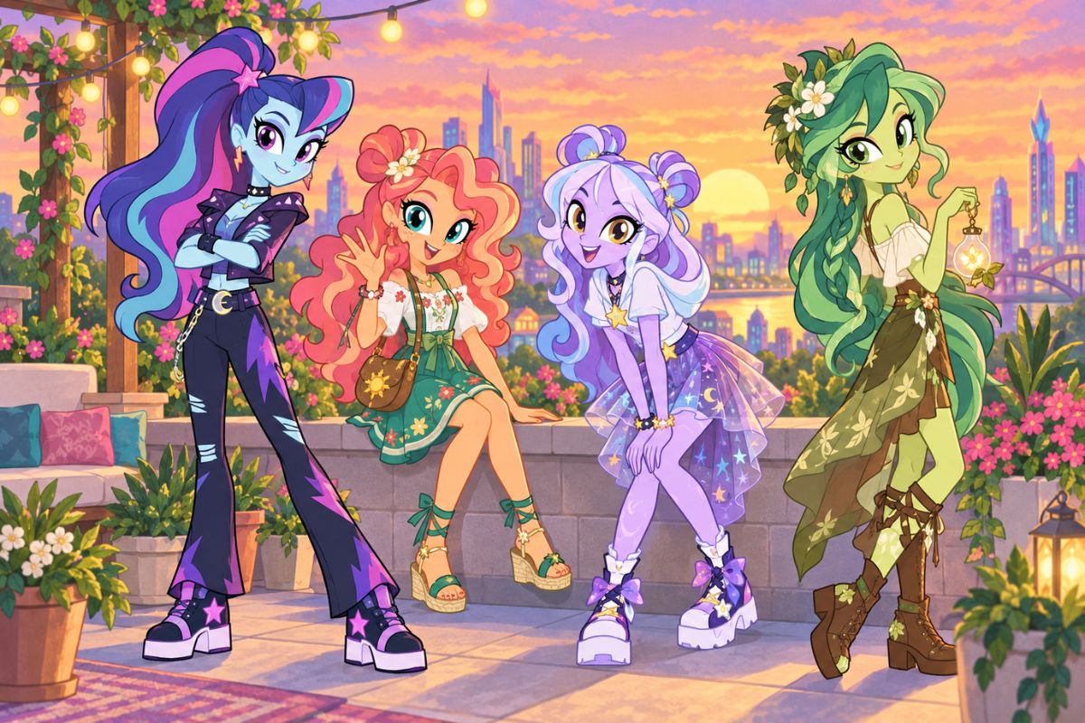 Equestria Girls OC maker character group on a sunset rooftop