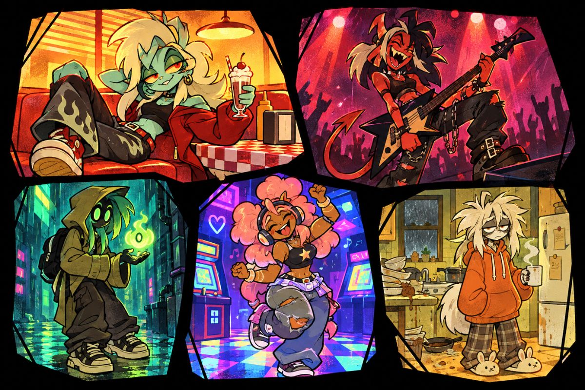 Gaslight District OC Maker colorful monster character collage