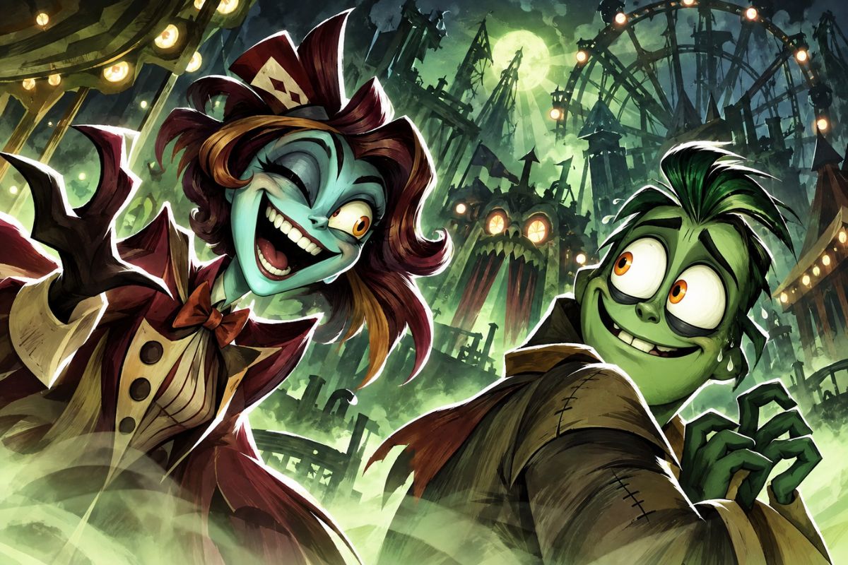 Gaslight District OC Maker playful monster couple at a spooky funfair