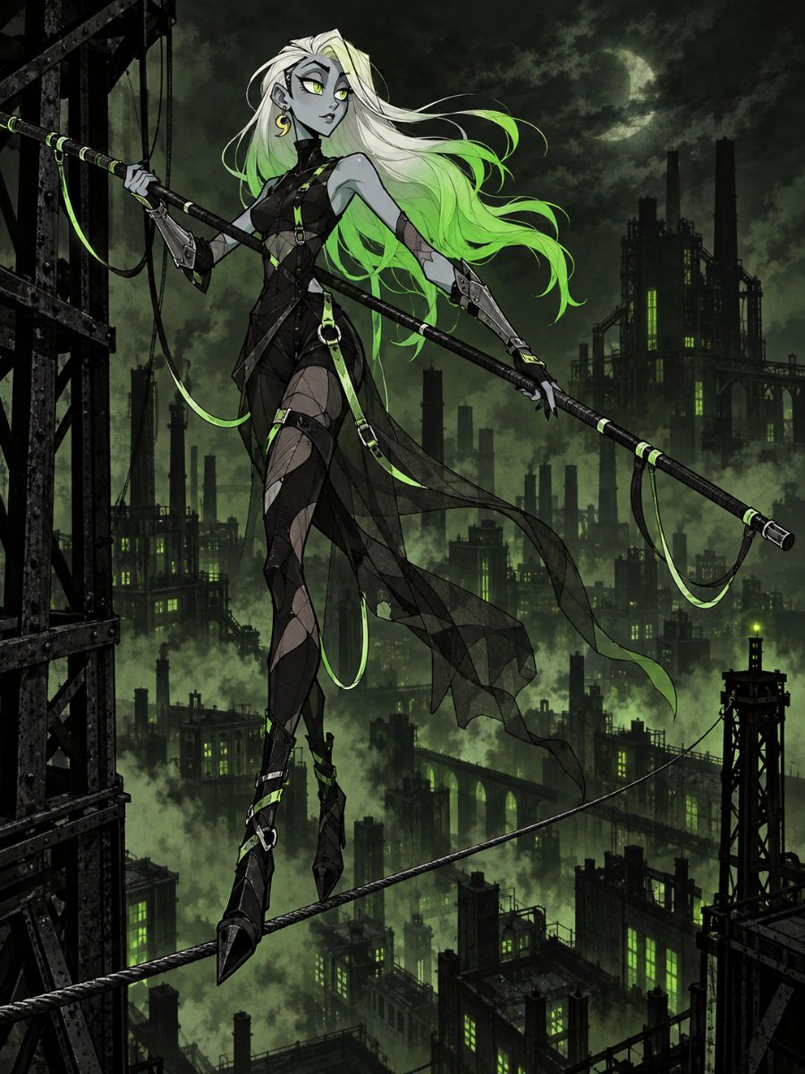 Gaslight District OC Maker neon scythe warrior in an industrial city