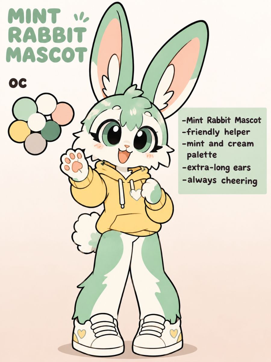 Original mint rabbit Kit OC in a cheerful mascot pose