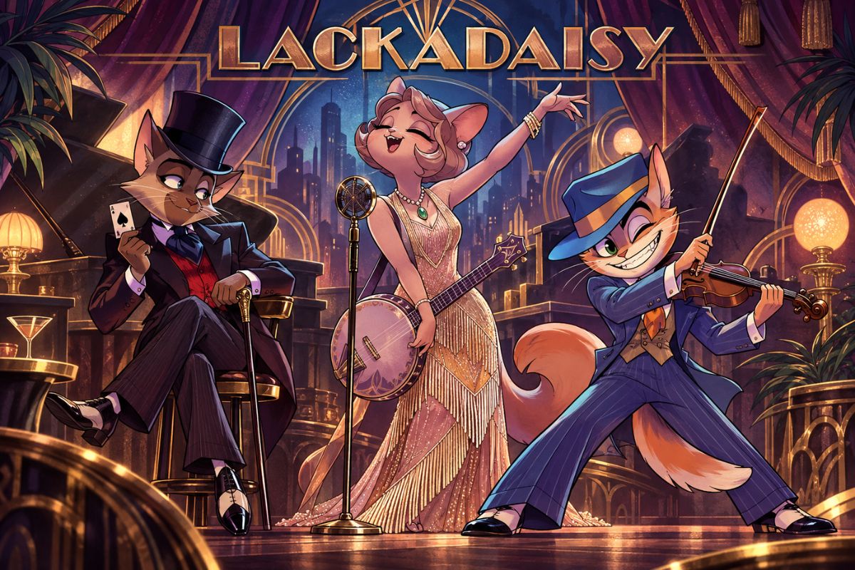 Lackadaisy OC maker jazz stage feline character trio in expressive period outfits