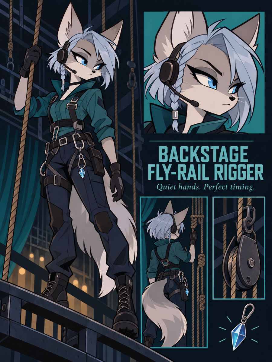 Lackadaisy OC maker white-haired fly-rail rigger character backstage
