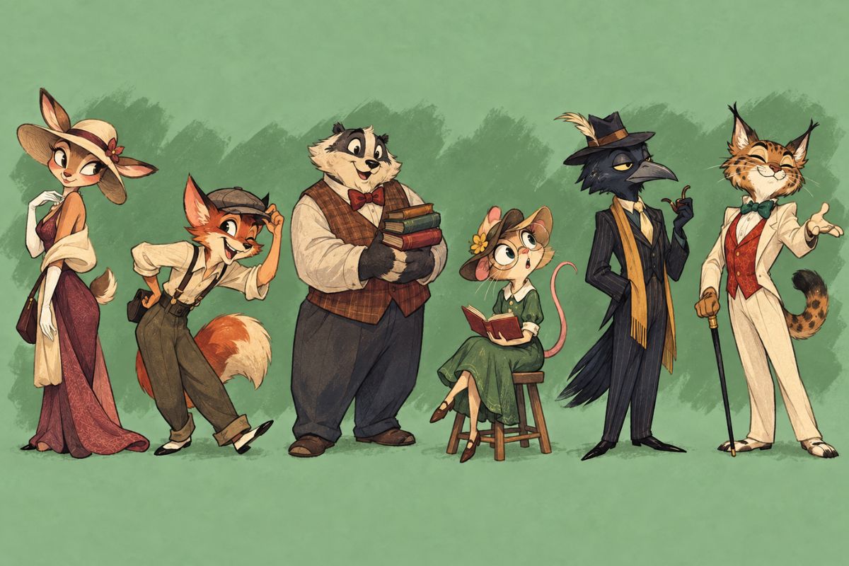 Lackadaisy OC maker animal character lineup for a clean feline reference