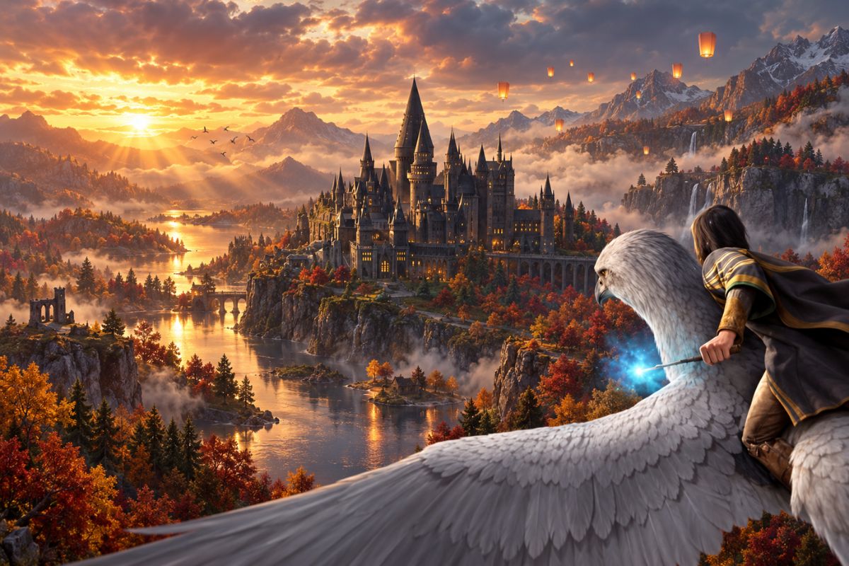 Hogwarts OC maker dragon rider flying toward Hogwarts castle at sunset