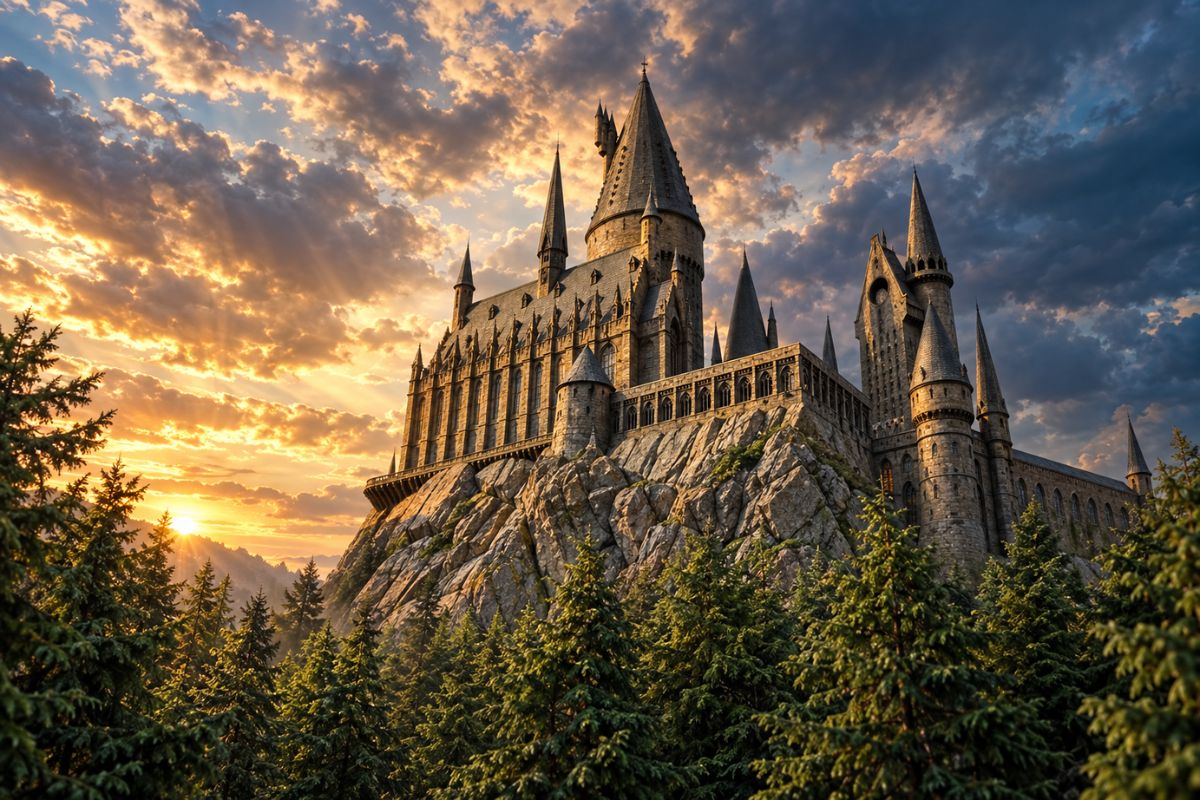 Hogwarts OC maker grand Hogwarts castle glowing in the sunset