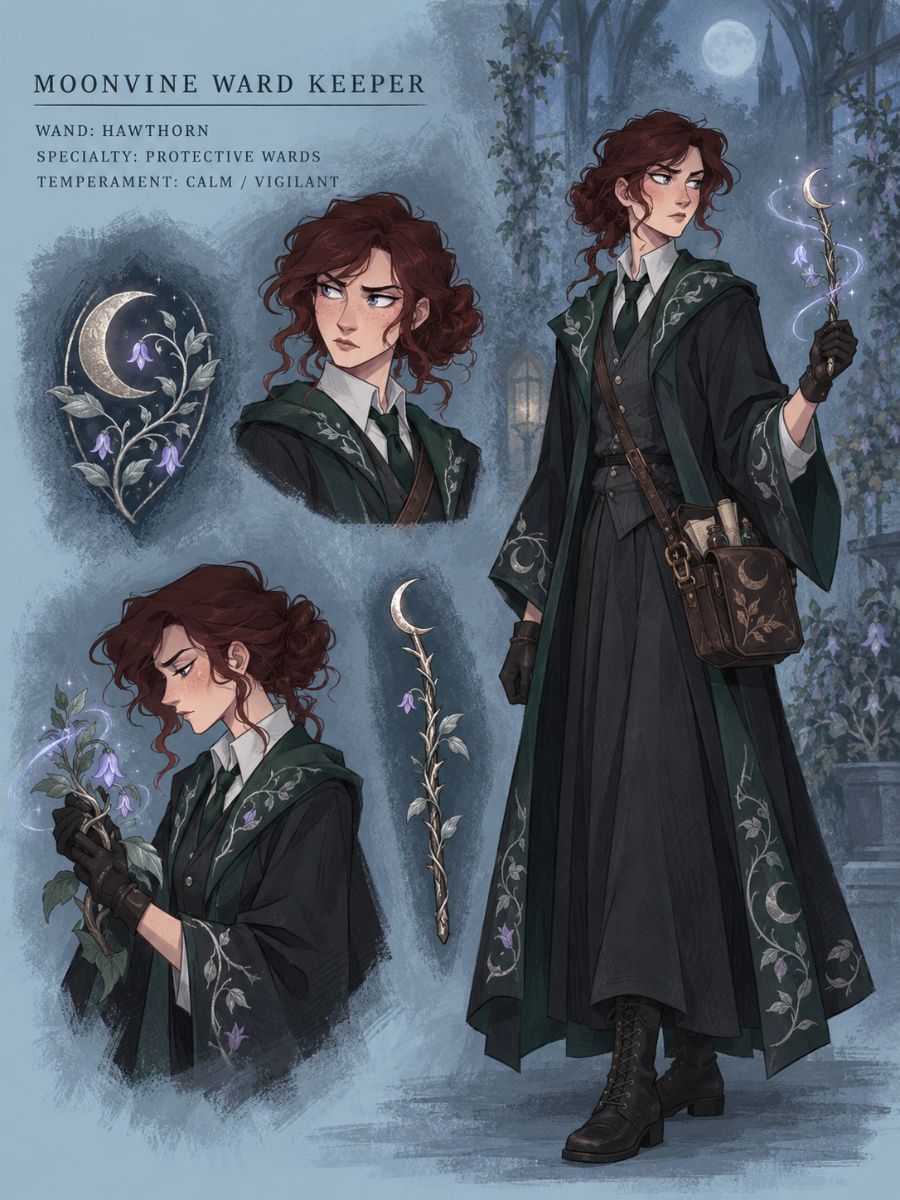 Hogwarts OC maker Moonvine Ward Keeper character sheet with wand and protective ward magic