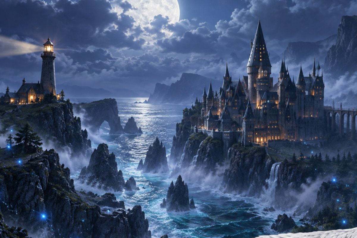 Hogwarts OC maker moonlit castle on dramatic coastal cliffs