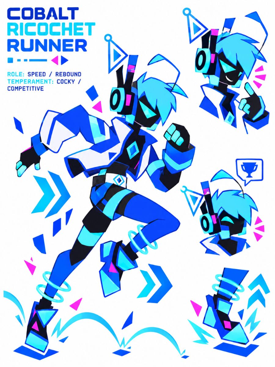 JSAB OC maker Cobalt Ricochet Runner character sheet with blue motion trails and rebound poses