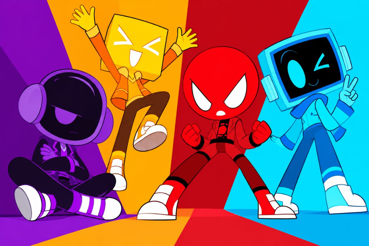 JSAB OC maker colorful geometric character quartet performing on a neon rhythm stage