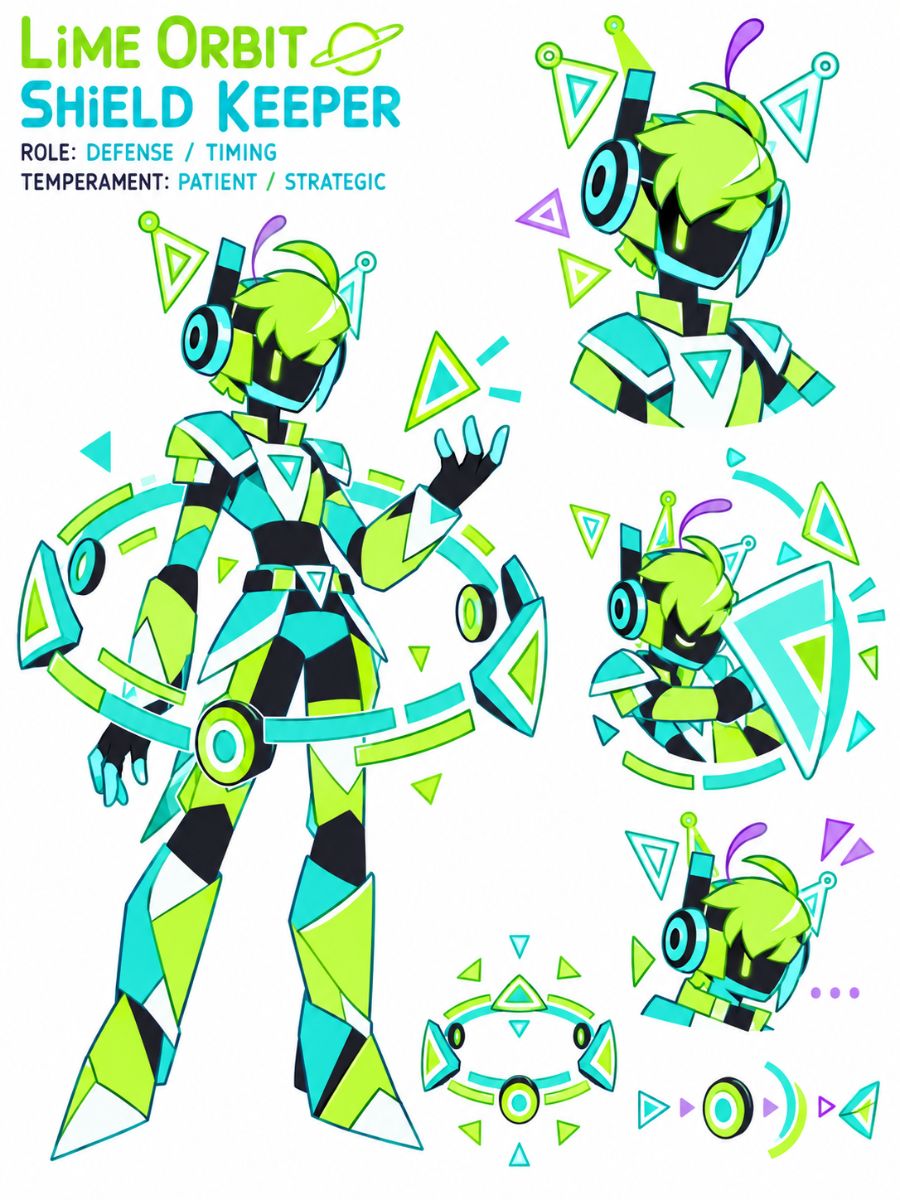 JSAB OC maker Lime Orbit Shield Keeper character sheet with green shield shapes and defense poses