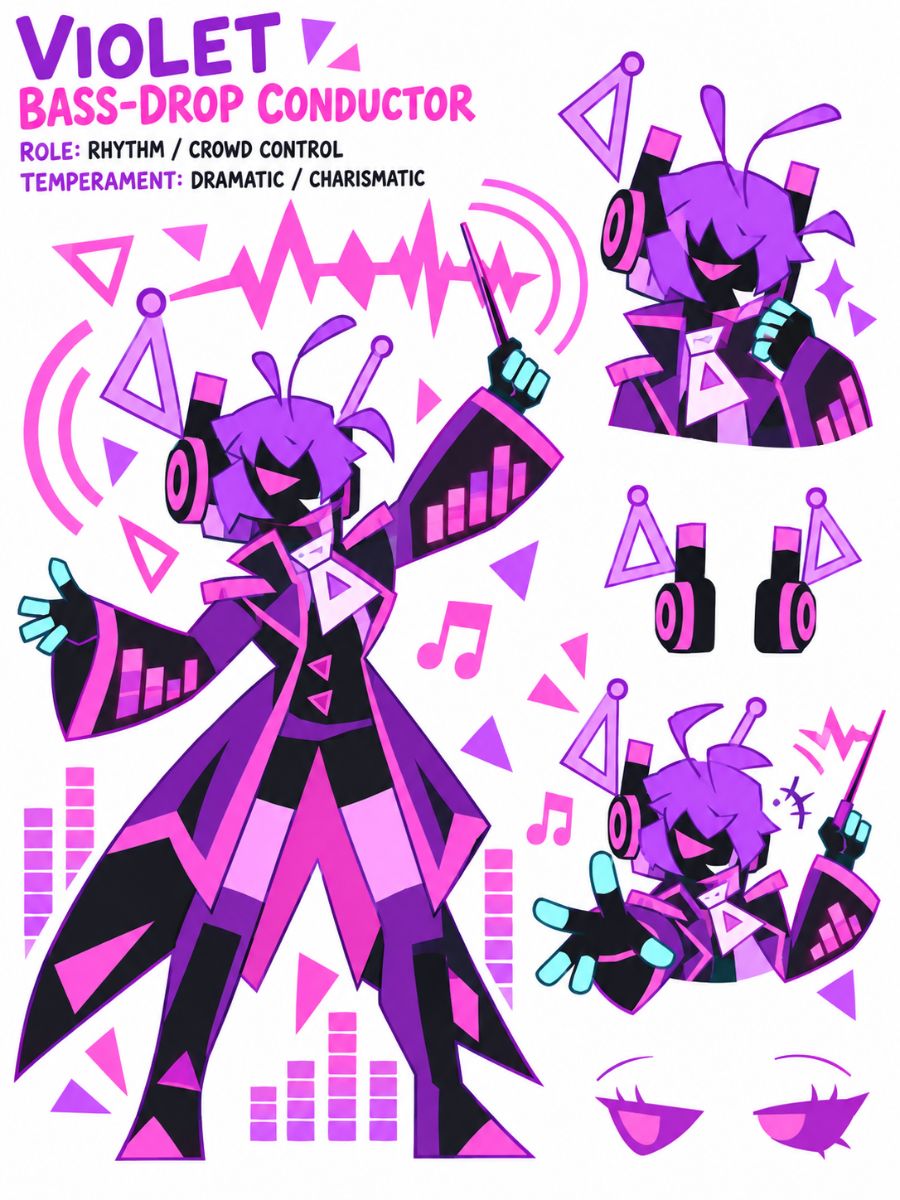 JSAB OC maker Violet Bass-Drop Conductor character sheet with purple rhythm effects and conductor poses