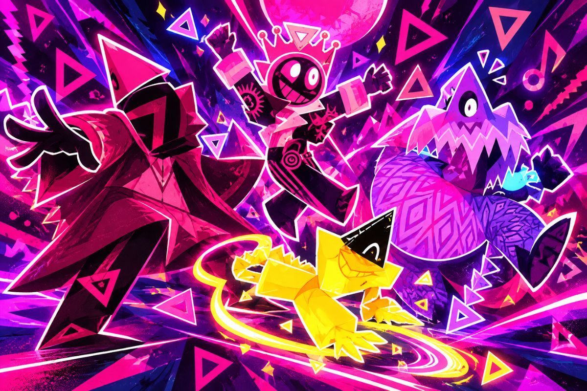 JSAB OC maker colorful monster character group in a dynamic geometric dance battle