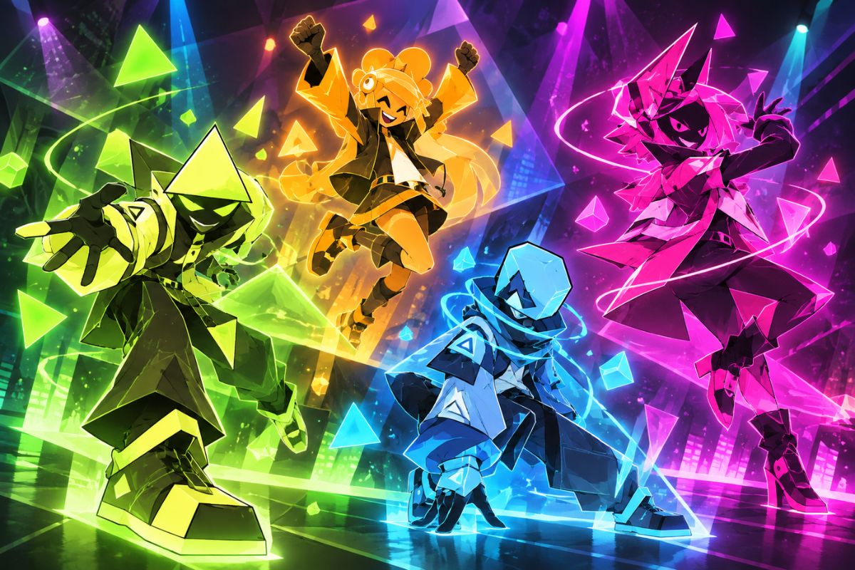 JSAB OC maker neon dance character quartet moving across a colorful rhythm stage